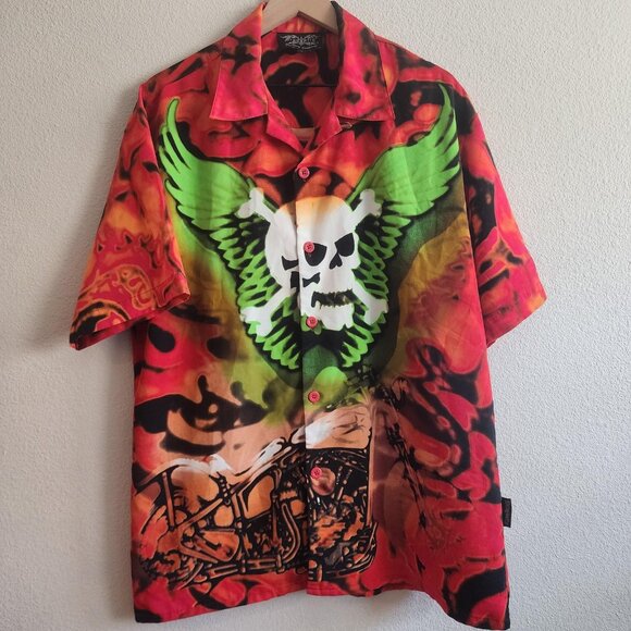 Dragonfly Shirt Mens Large Skull Wings Motorcycle Flame Graphic Button Up - Picture 1 of 11